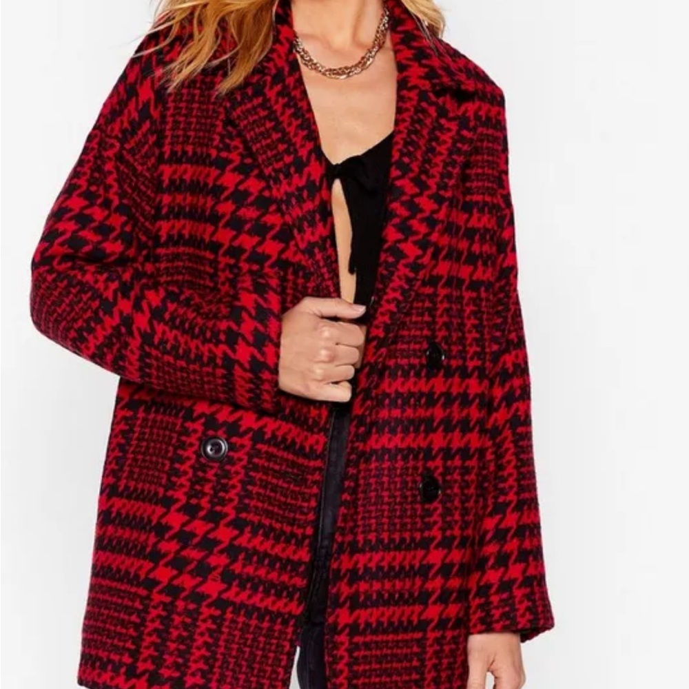 NASTY GAL red and black faux wool houndstooth jacket size MEDIUM